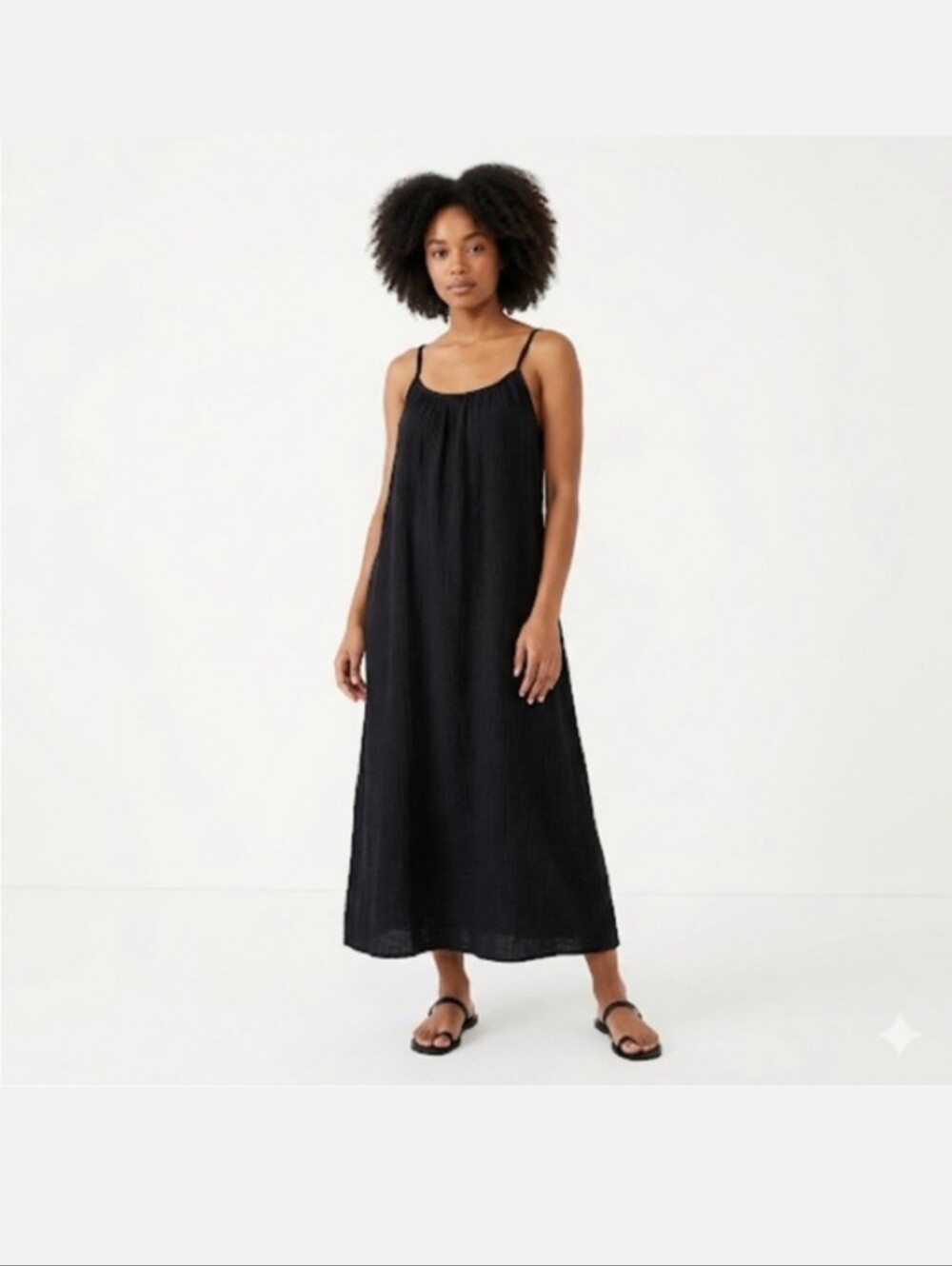 Sol Angeles Black Double Gauze Cotton Tie Back Midi Dress M/L Pockets beachy
